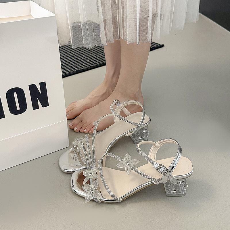Rhinestone sandals women's outer wear 2025 summer new square head with skirt thick heel open toe beautiful butterfly crystal high heels