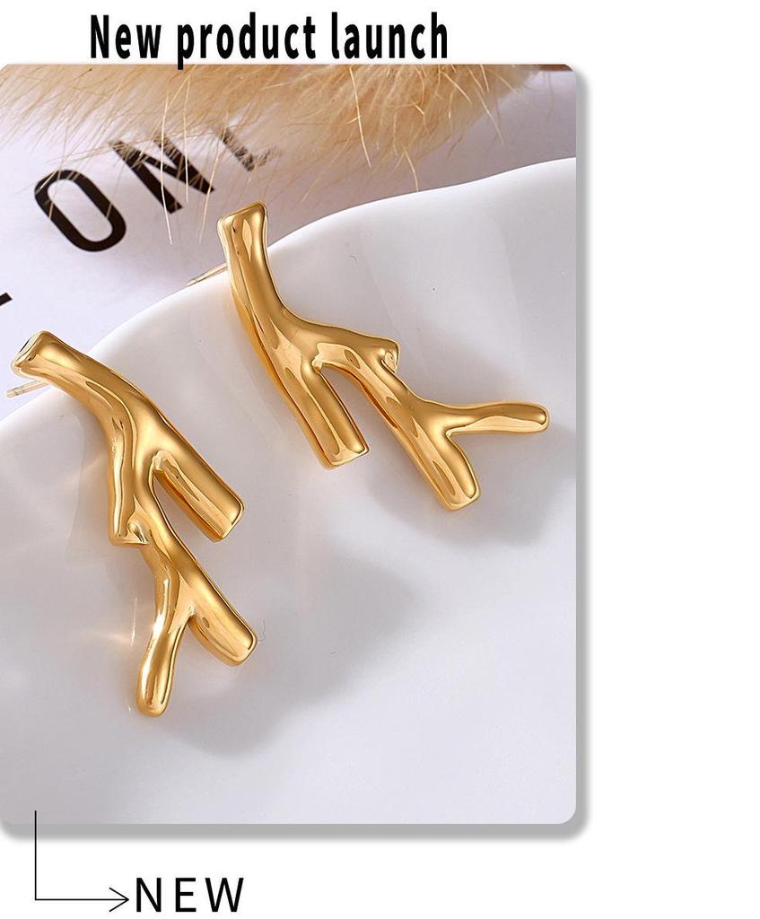 Qiong Yao Gold-Plated Irregular Tree Branch Dangle Earrings, Stainless Steel Studs, Colorfast Design