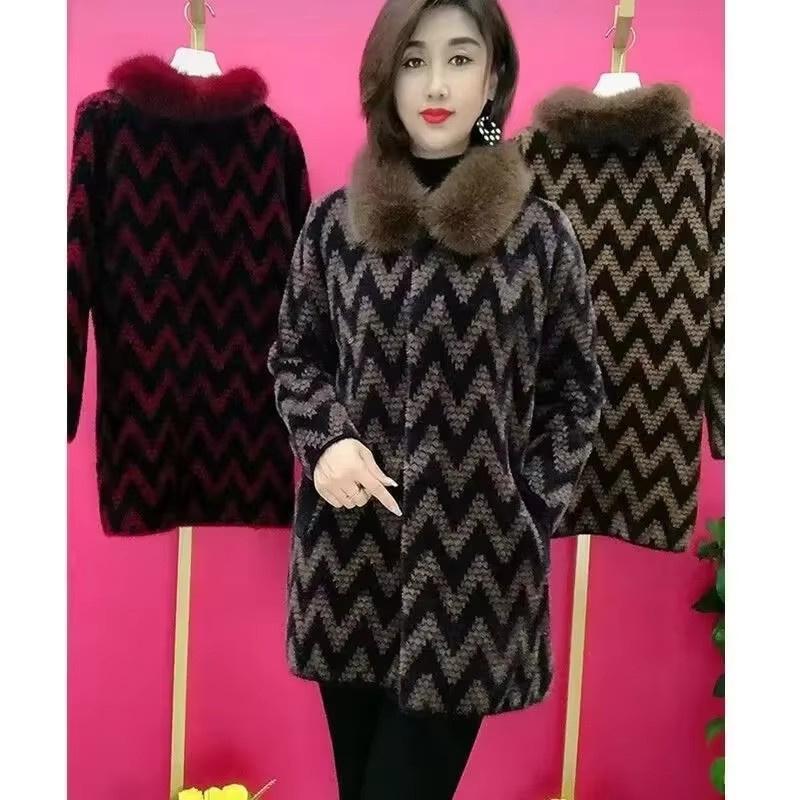 Winter High End Imitation Mink Fleece Warm Wool Coat Middle Aged Elderly Mother Jacket Thicken Knitted Cardigan Woolen Outwear