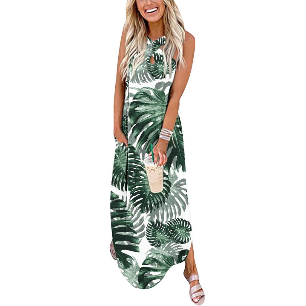 Fashion Women Casual Cross Neck Loose Print Pocket Long Dress Sleeveless Open Dress