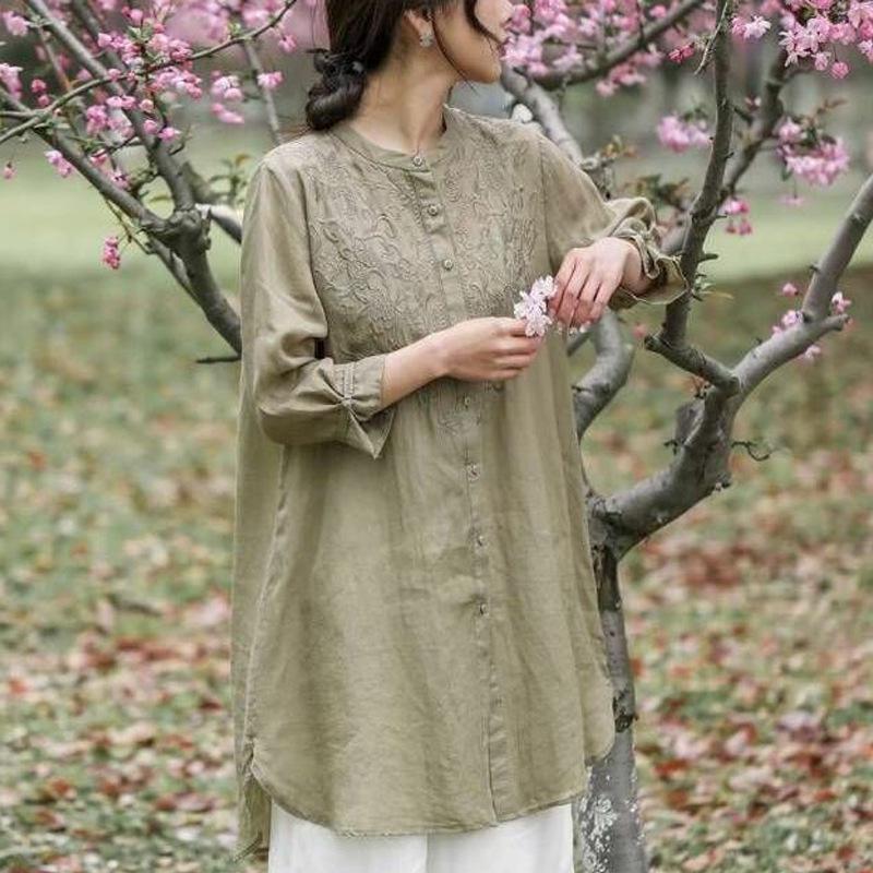 

Женский 2024 Ретро Вышитый Хлопок Лен Воротник-стойка Средней Длины Рубашка-пальто XXXL (145-160 jin)