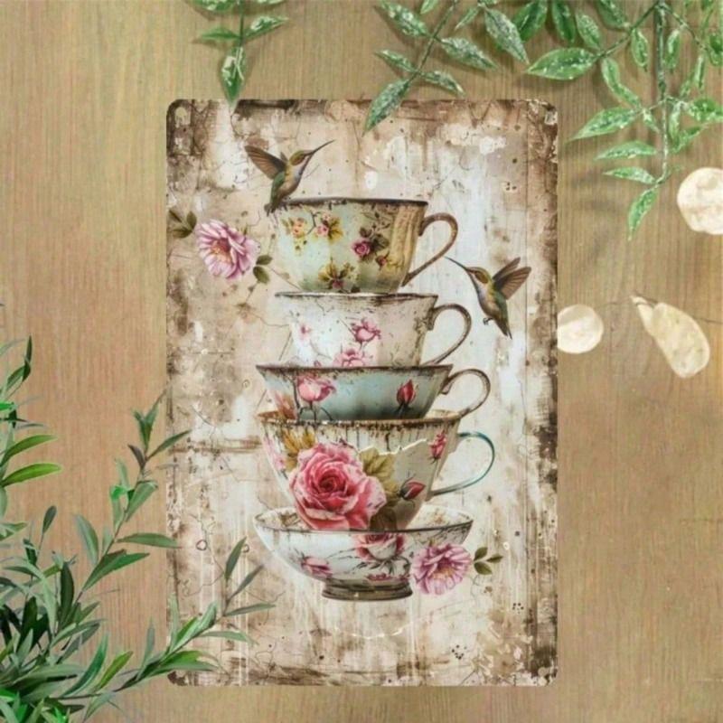 Tin Sign Wall Art, Vintage Bird Flower Cup, Retro Metal Poster for Living Room Gift