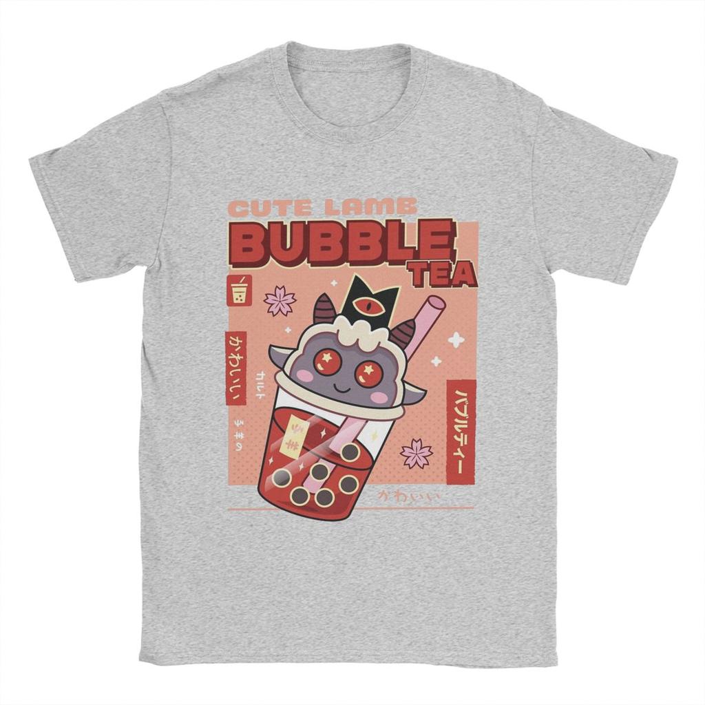 Casual Cute Lamb Bubble Tea Cult Of The Lamb T-Shirt Men O Neck 100% Cotton T Shirt Game Anime Tees Printing Clothes
