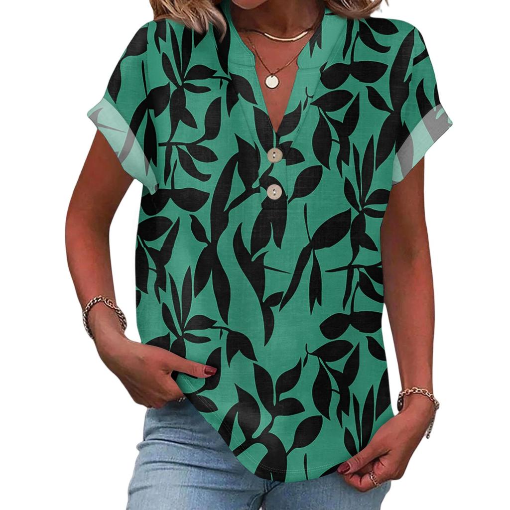 Ladies Casual Fashion V-Neck Button Floral Print Short Sleeve Top