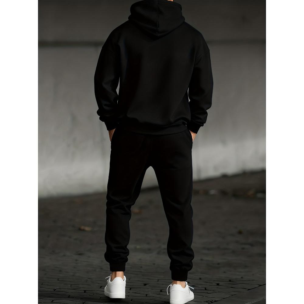 Men's Casual 2 Piece Set with Printed Alphanumeric Pattern Drawstring Pocket Hoodie and Drawstring Outdoor Casual Sports Pants Set