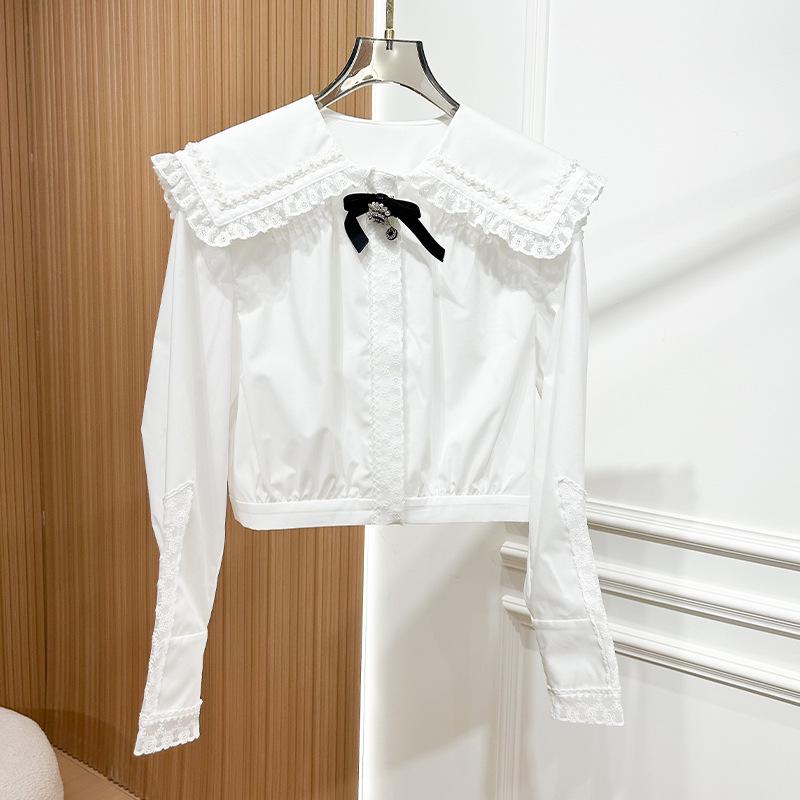 Women s Retro White Lace Doll Collar Shirt with Large French Lapel – Spring/Autumn Design Large белый