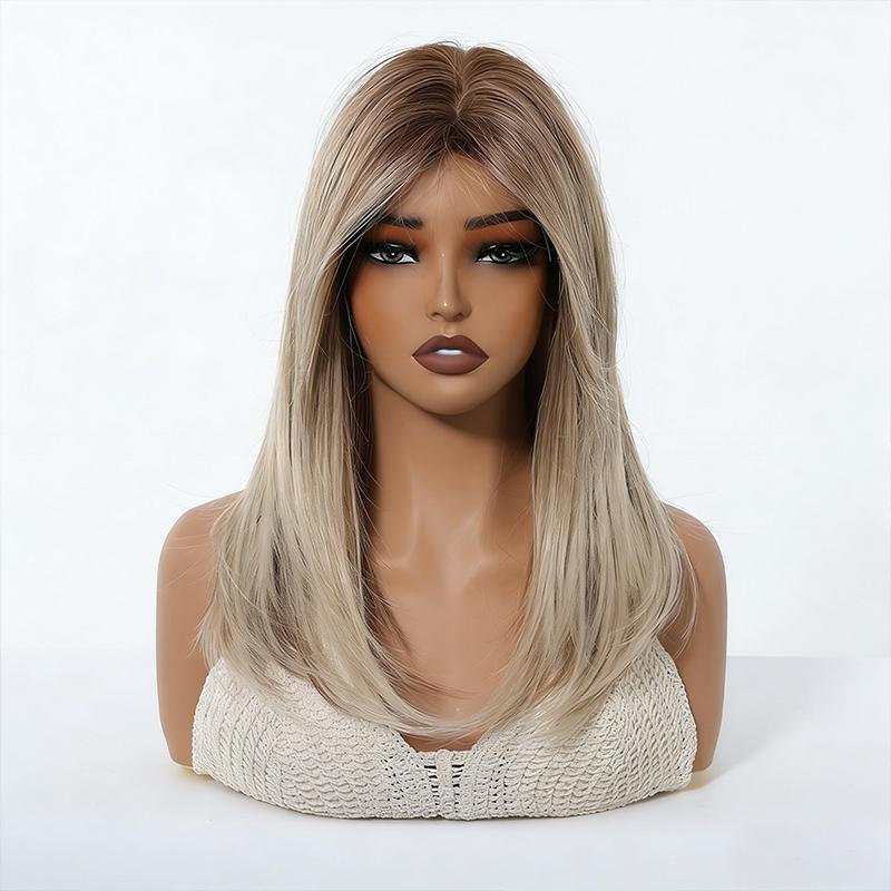Women's Fashion Medium-Long Wig, Ash Blonde Side-Part Fringe High-Temperature Fiber Synthetic Hairpiece