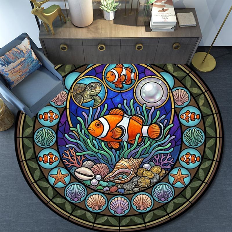 Ocean Life Glass Round Area Rug Under Office Chairs Bedroom Living Room Home Decor
