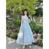 Women's Spring Sweet and Thin Skirt Blue Long Casual Print Small Fly Sleeve Suspender Dress