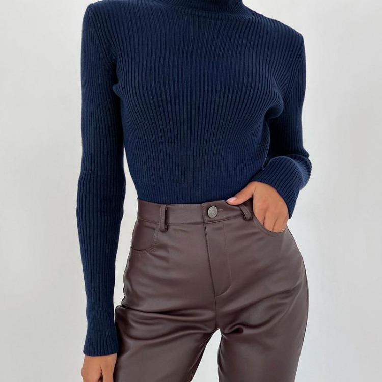 

Осень Зима Женский Приталенный Свитер с Высоким Воротником и Длинным Рукавом, Вязаный, Однотонный, Базовый, Под Всё One Size королевский синий