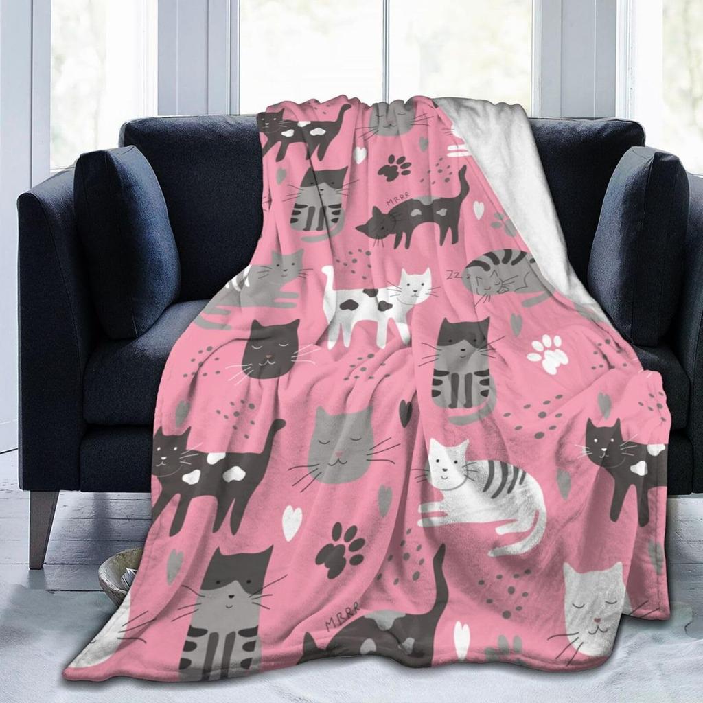 Cute Cat Flannel Blanket Multiple Sizes 2D Print Pink Face Kitty Design Soft Throw Sofa Bedroom Office Snuggle