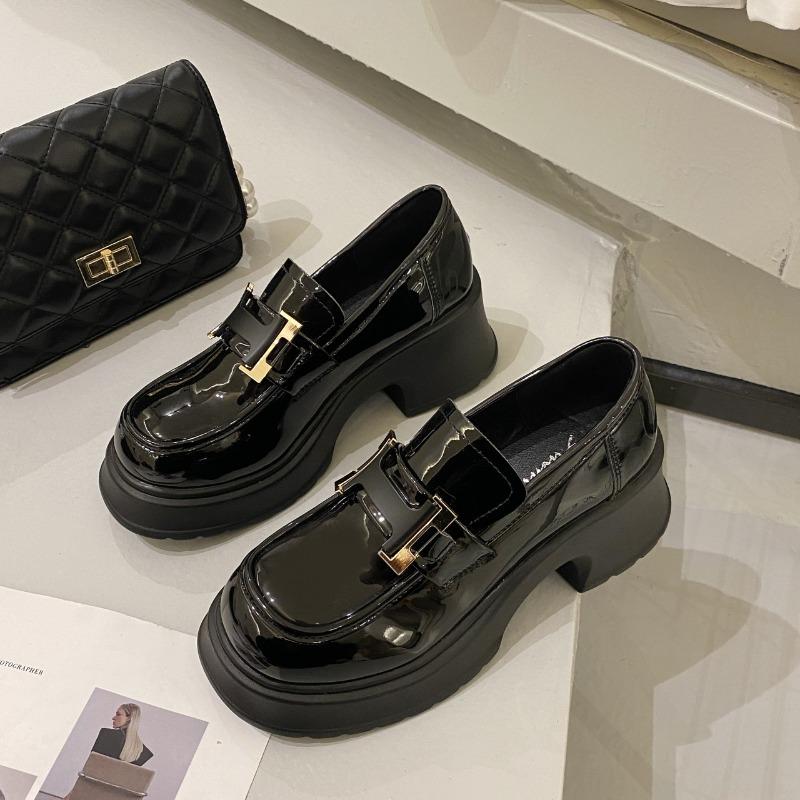 High-heeled Single Shoes Women's Spring and Autumn New Small Leather Shoes with Metal Buckles and Thick Heels for Women