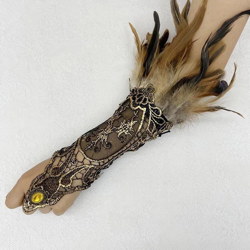 Gothic Feather Gold Lace Long Glove Bracelet Women Party Sexy Fingerless Gloves Exaggerated Lace Fishnet Gloves Accessories