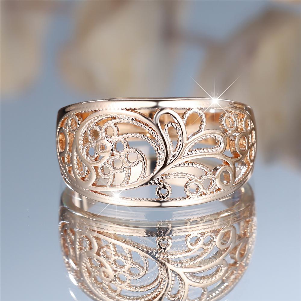 Charm Female Flower Plant Engagement Ring Vintage Yellow Gold Color Wedding Jewelry For Women