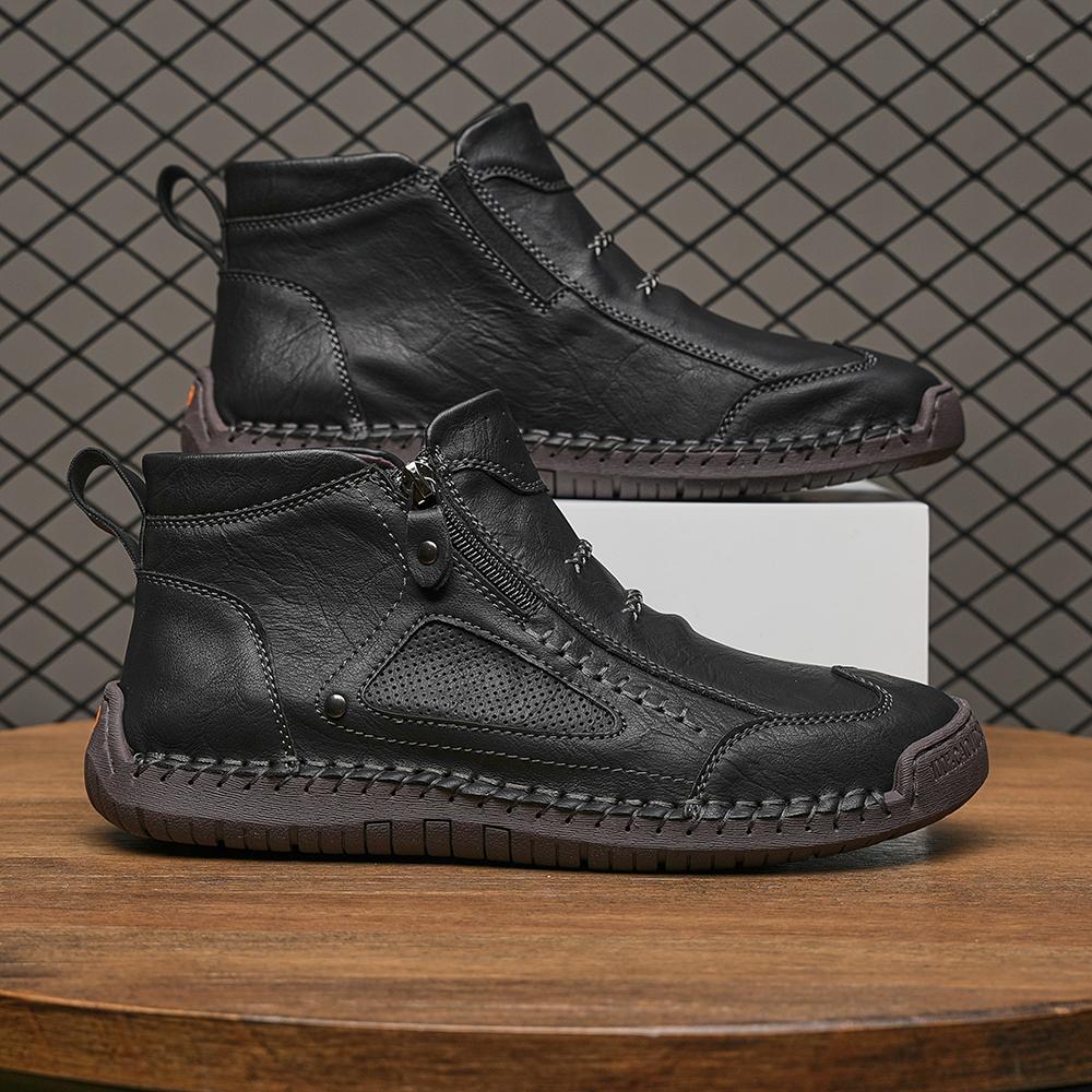 Men's Leather Ankle Boots Outdoor Casual Boots Casual Soft Sneakers Flat Lace-up Boots Handmade Large Size Mens Shoes Botines