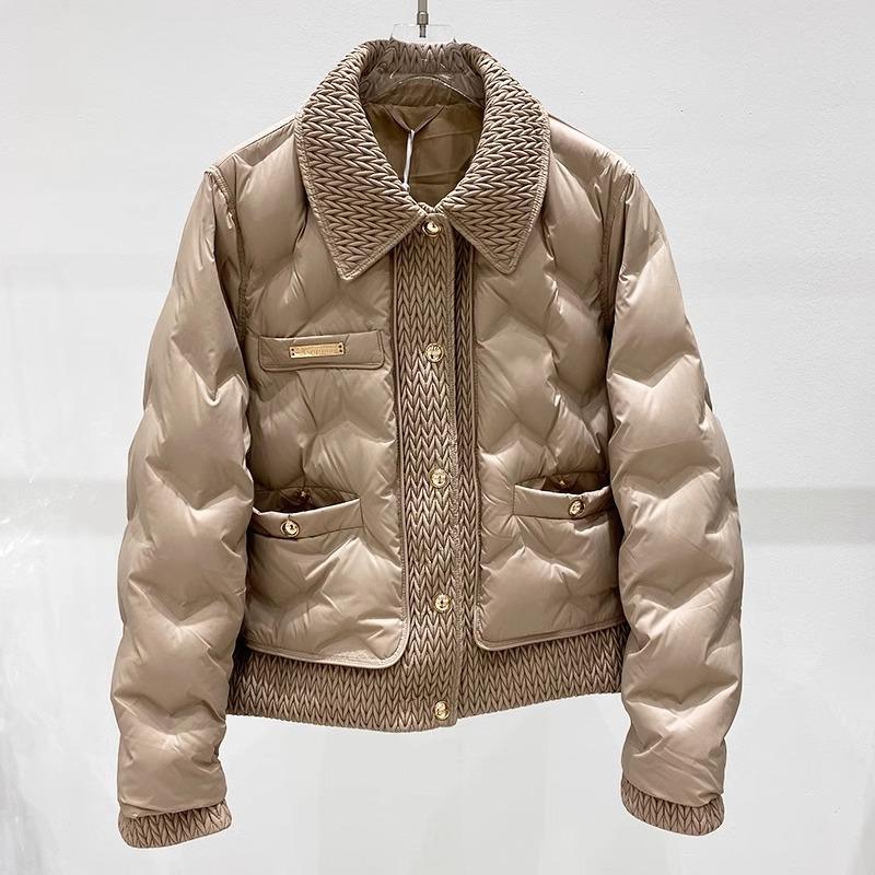 Xiaoxiangfeng Down Jacket Women's Short Fashion Woven Lapel Pressed Glue Light and Thin White Duck Down Warm Winter Coat