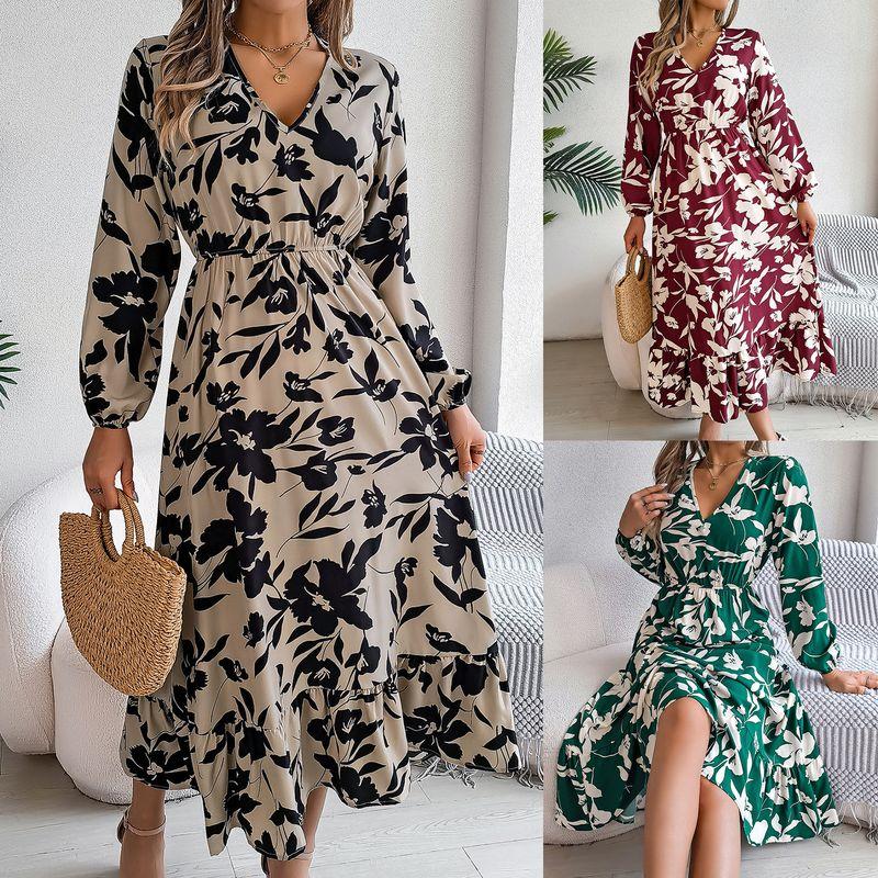 

2024 Casual Floral Long Sleeved Ruffle Edge Dress Khaki S