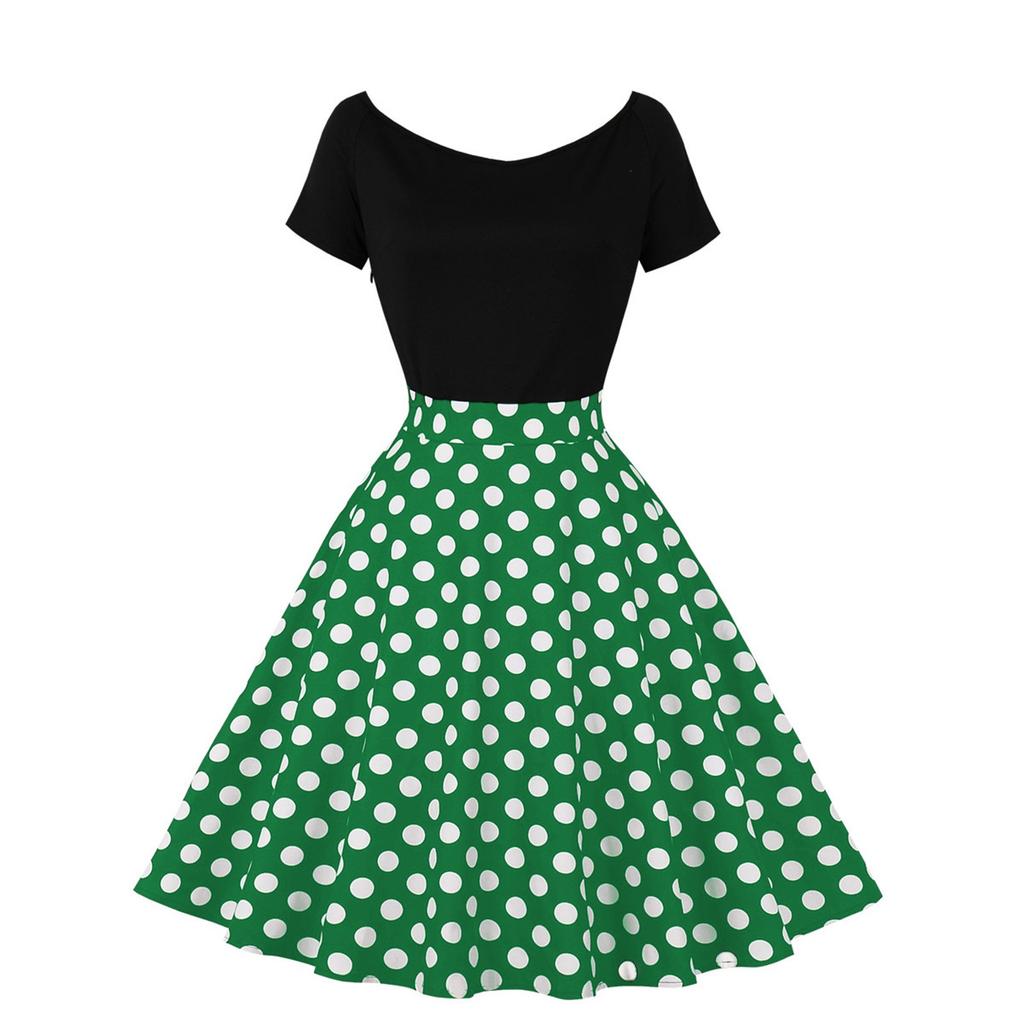 Women's Crewneck, Short Sleeve Stitching, Contrasting Vintage Polka Dot Dress, Oversized Skirt