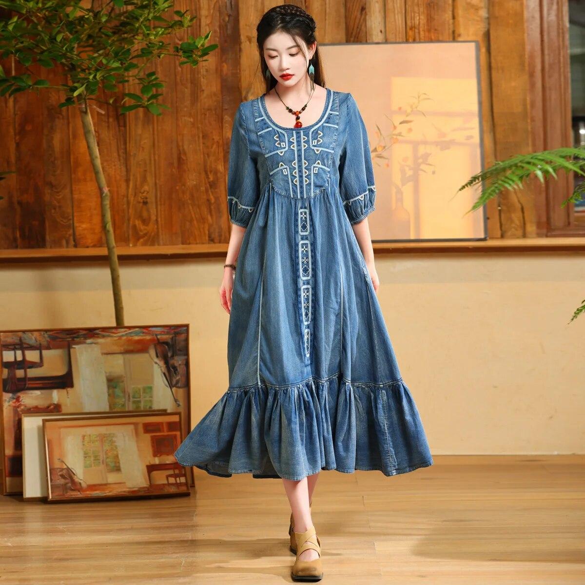 

Johnature Жіноча весняна бавовняна вінтажна сукня-маятник із листям лотоса з круглим вирізом, вільна повсякденна сукня з вишивкою напіврукав L синій