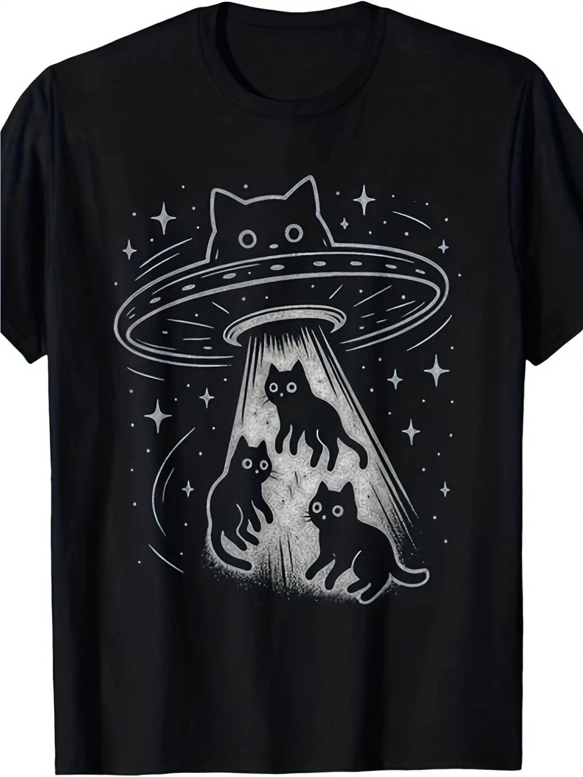 Funny Cat UFO Abduction Graphic T shirt Alien Space Cute Kitty Sci-Fi Tee Gift 3XL