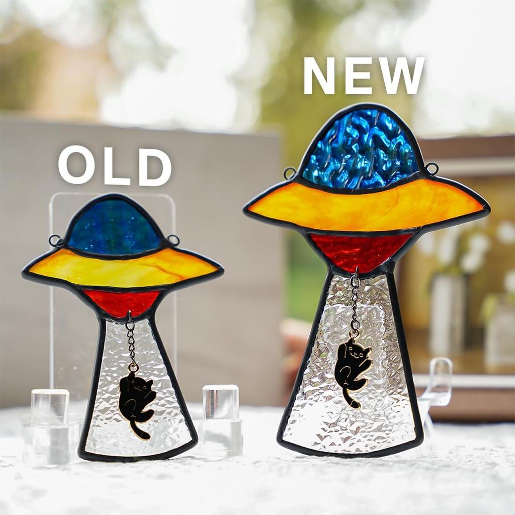 BOXCASA Alien UFO Decor - Stained Glass Window Hanging Suncatcher Showcasing a Cat Abduction Scene, Perfect Alien Lover Gift, Suitable for Alien