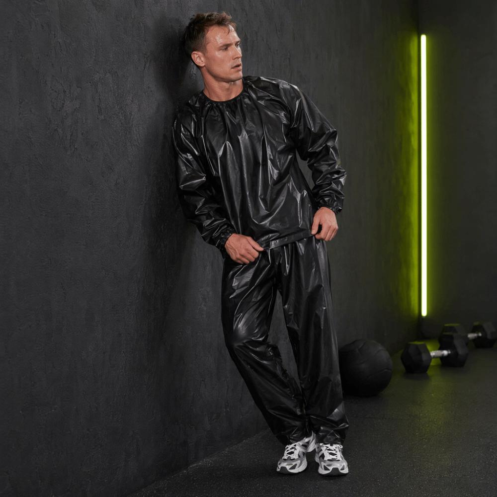 Tuta da Sauna in PVC Polsini Elastici Abbigliamento da Allenamento Set Fitness Leggero Ciclismo