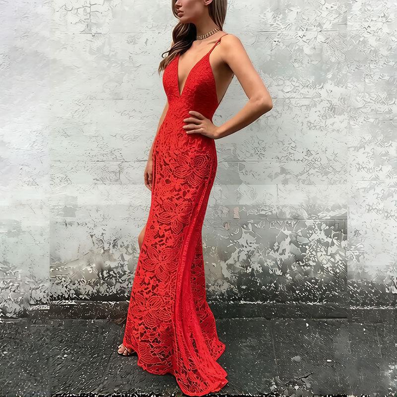 French Sexy Elegant Suspender V-neck Halter Lace Dress 2026 European and American Spring and Summer Fashion New Long Dress
