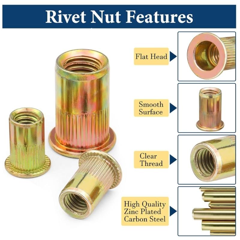 240pcs Flat Head Serrated Rivets Nut Set Galvanized Carbon Steel Nut set Carbon Steel Flat Head Rivets Nut for Fastening