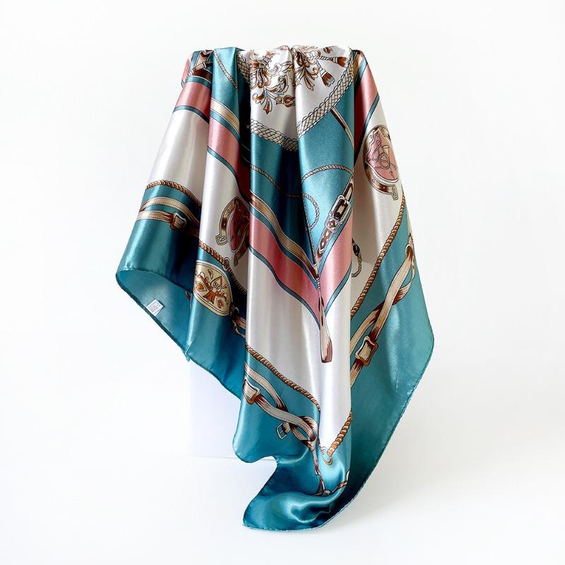 Versatile chain 90cm silk scarf square scarf high-end women's shawl retro printing satin bag headscarf