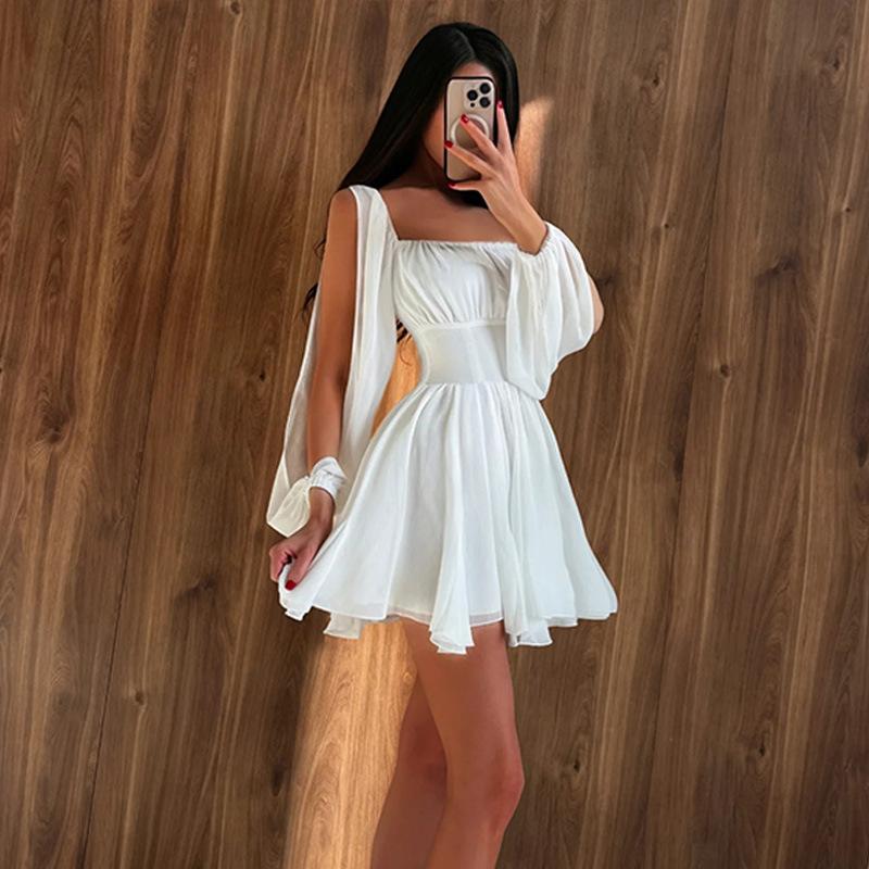 

Women s Solid Color Square Neck Off-Shoulder Dress Hollow Long Sleeve Waist A-word Fairy Fluttering Muse Short Skirt S белый