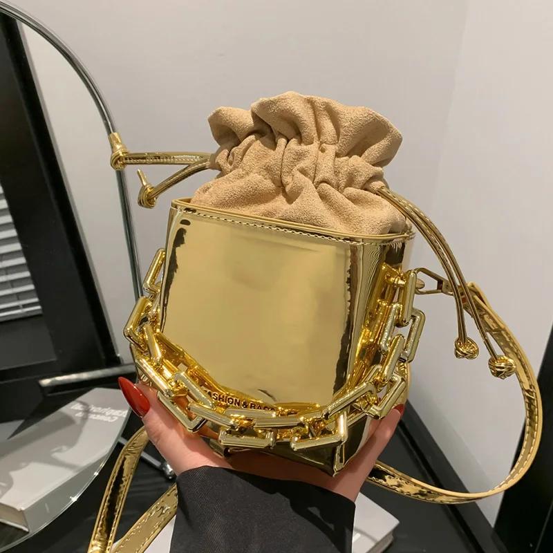 

Мини-сумки из искусственной кожи на шнурке для женщин, квадратная сумка-ведро с цепочкой, роскошный клатч-хобо класса люкс