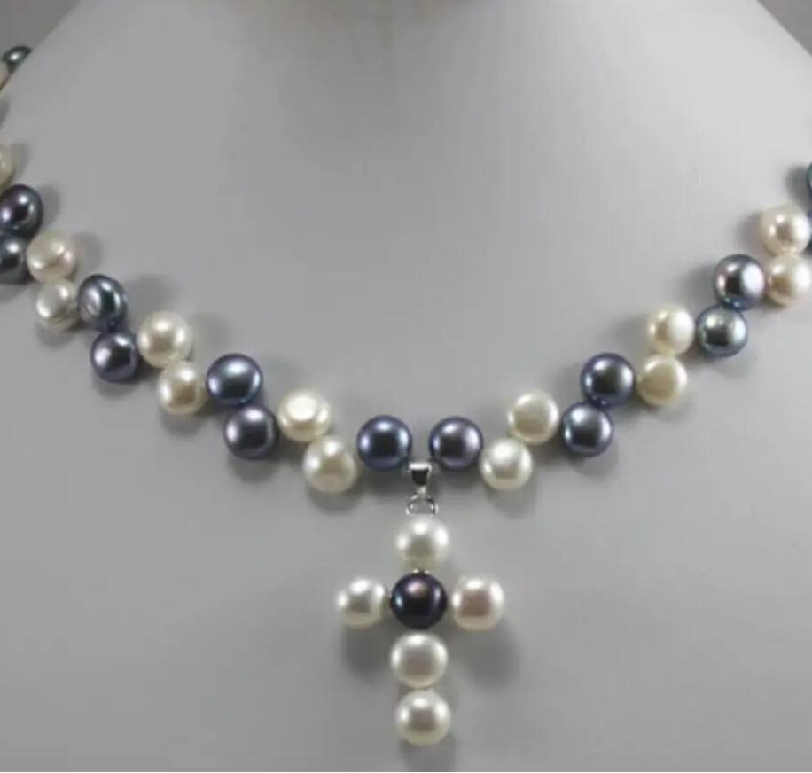 

Модный дизайн 7-8 мм натуральный пресноводный жемчужно-белый + черный левый и правый жемчуг + ожерелье с крестом
