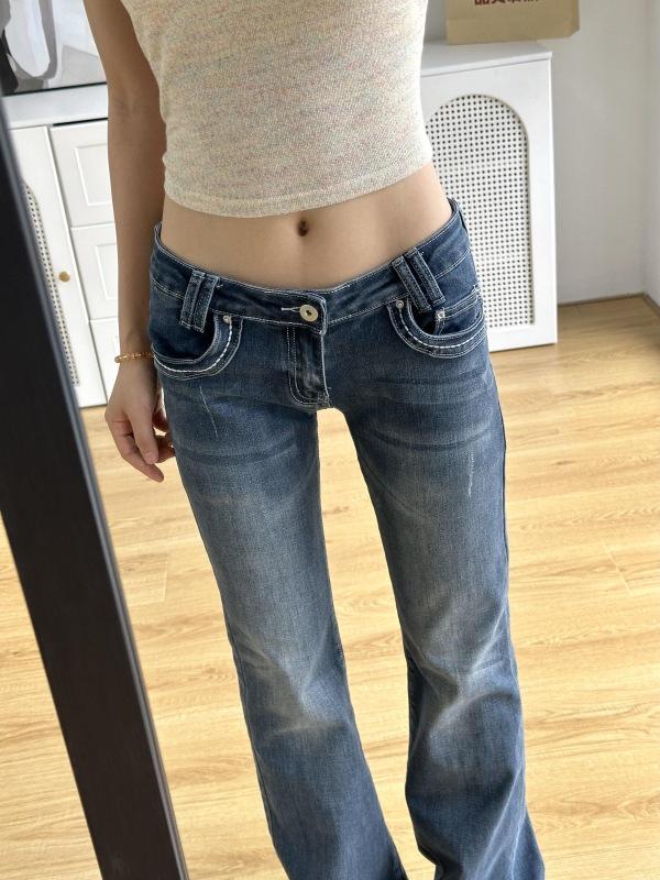 

Женские джинсы микро-клеш длиной в пол с эффектом ретро-стирки - Осень 2025 Заниженная талия Свободный крой Small синий