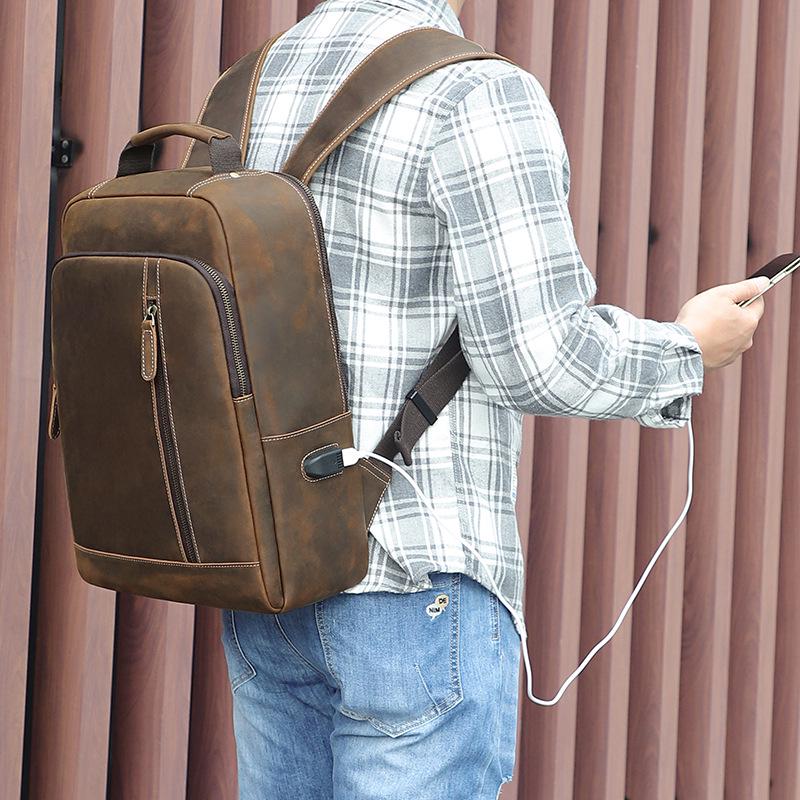 Jiameida Retro Batoh z kůže Crazy Horse - Velkokapacitní Outdoorový Cestovní & Školní Batoh