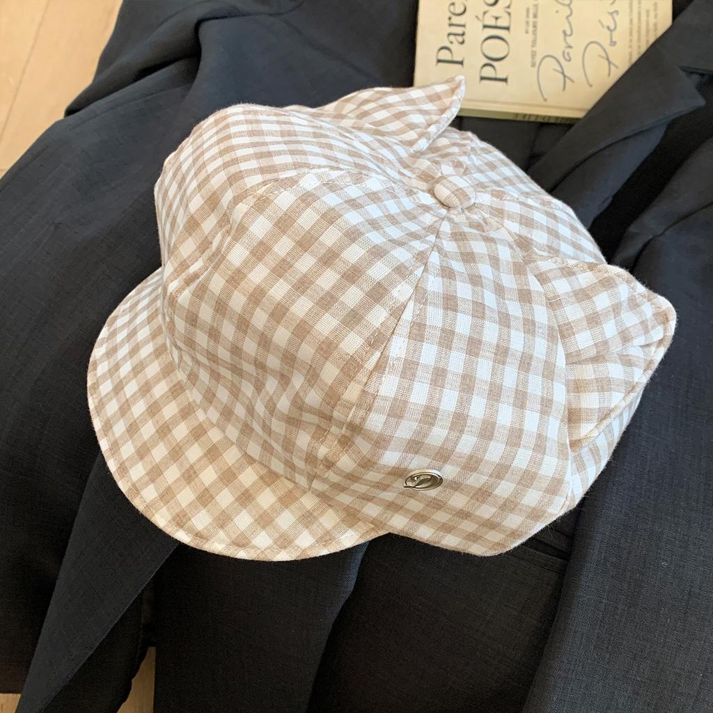 Cute cat ear plaid octagonal hat women's spring and summer new big head circumference shows face small sweet duck tongue beret