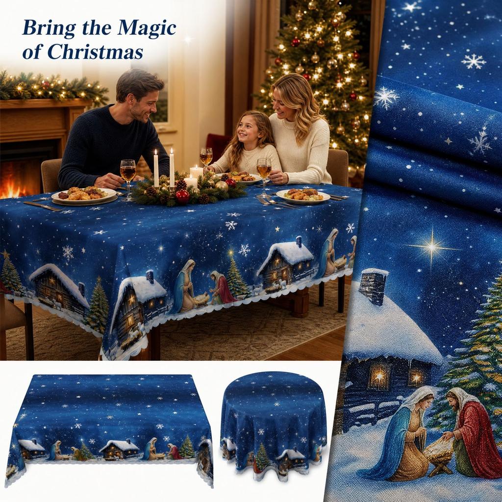 Elegant Christmas Tablecloth with Night Scene Print, Oil- Clean, Round or Square Decorative Table Cover for Holiday Party Dining