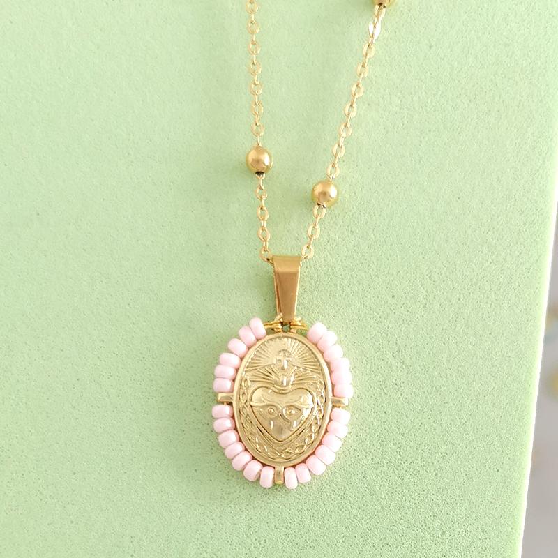 QMHJE Virgin Mary Pendant Charm Necklace Women Cross Scared Heart Jesus Choker Seed Beads Stainless Steel Chain Gold Color Mom