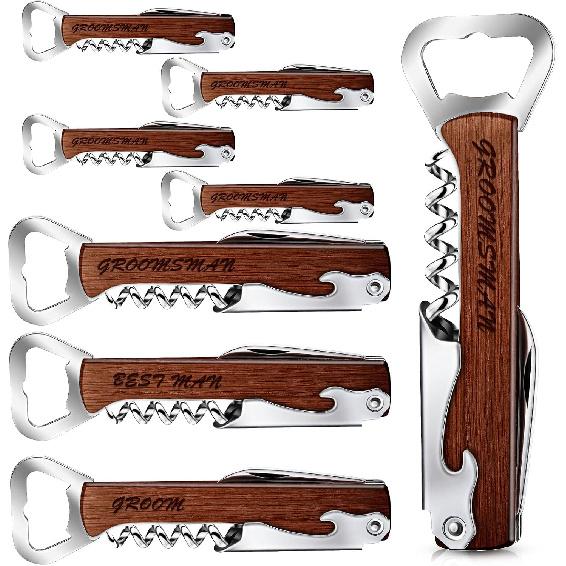 Set of 8 Groomsmen, Best Man Groom, Corkscrew and Multi Tool Groomsmen Gifts Wooden Wine Beer bottle opener for Proposal Bachelor Party Weddings