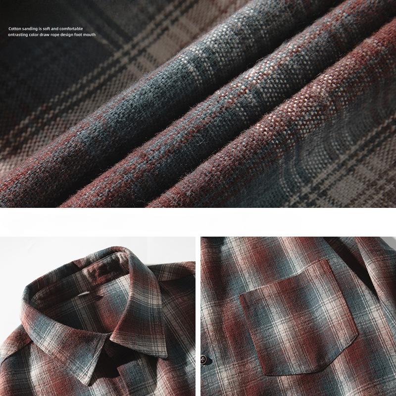 Camicia a Quadri Vintage da Uomo Stile Americano Primavera Autunno Collo a Risvolto Manica Lunga Larga Top