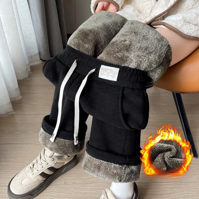 Lamb Fleece Wide Leg Pants for Women In Autumn and Winter, with Thickened Fleece and Warm Cotton Pants