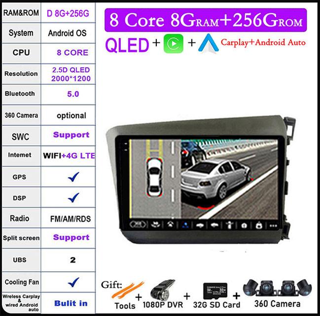 For HONDA INSIGHT 2 2009 2010 2011 2012 2013 2014 Android 14 Car Auto Radio Navi GPS Multimedia Player 4G+WIFI  Carplay Stereo
