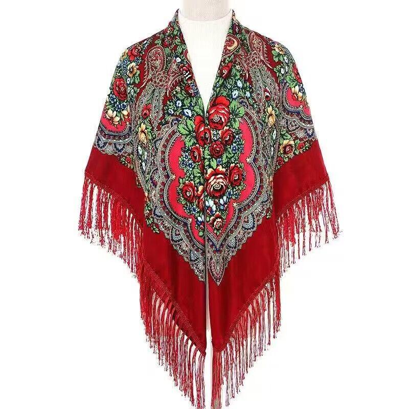 130*130Cm Ethnic Printed Square Shawls Elegant Women Scarf Babushka Retro Russian Bandana Wraps Kerchief Floral Warm Blanket