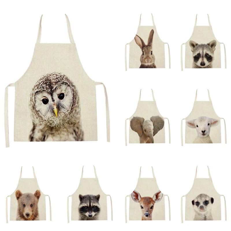 Cartoon Rabbit Deer Bear Print Kitchen Apron Women Men Sleeveless Linen Cooking Apron Home Cleaning Pinafore Baking Accessories