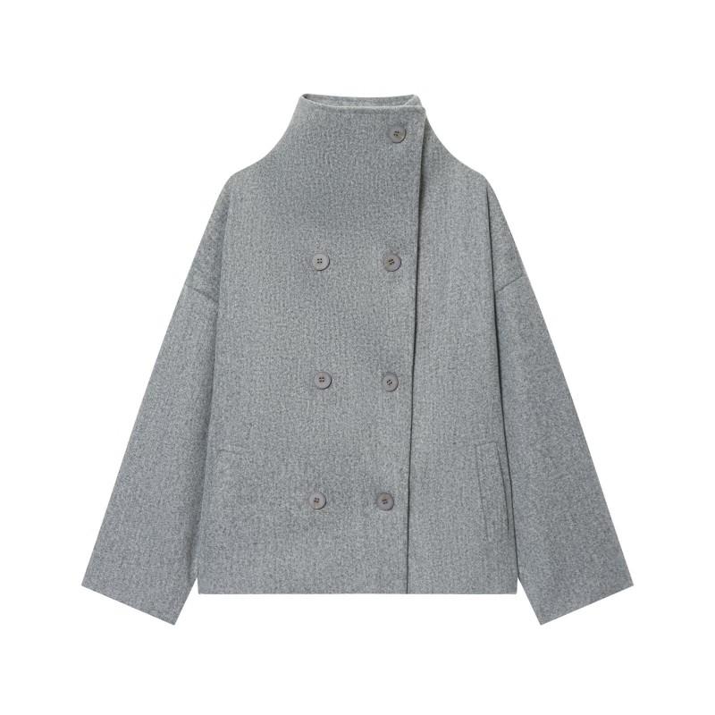 Womens Oversized Wool-Blend Double-Breasted Turtleneck Coat Streetwear Outerwear
