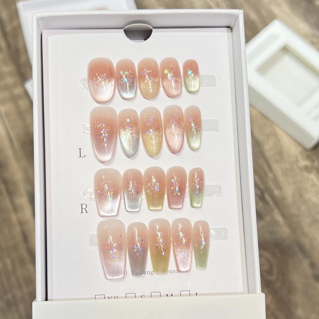 Rainbow Cat Eye Dopamine Small Fresh Color Cat Eye French Nude Blush Sequins Wear Armor Handmade