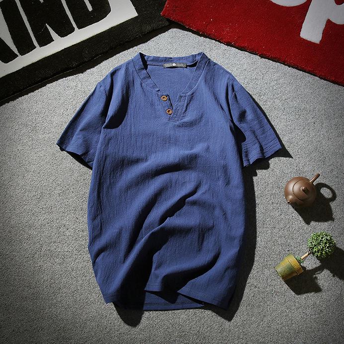 Men's Summer 2026 Cotton Linen Two-Button Short Sleeve T-Shirt - Soft & Breathable