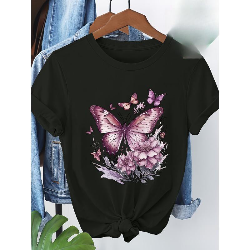 

European Size European Size Purple-themed Butterfly and Floral Combination Print Crew Neck Skin-friendly Breathable Casual Versatile Short 4XL чорний