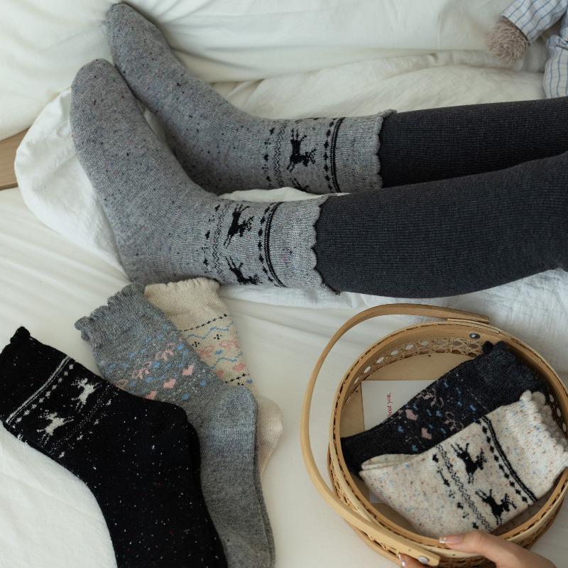 Fall/Winter Wool Socks - Fel Island Elk Warm Mid-Calf Socks - Bowknot Heart Retro Style Thick Socks - Children's
