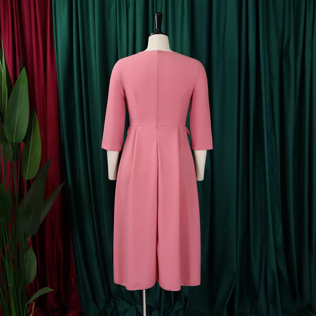 Fashion Women Solid Color Summer Dress Plus Size Cross Border African Dress Pleated Three Quarter Sleeves