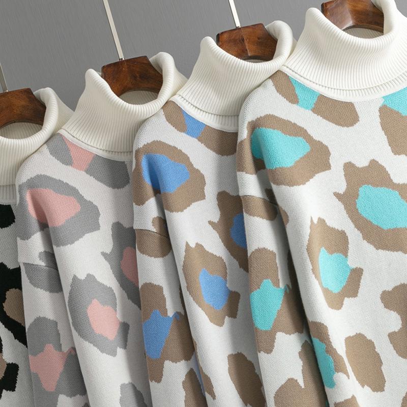Høst Vinter Kvinner Lang Høy Krage Bunn Strikke Kjole Leopard Print